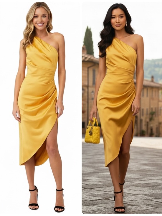Elliatt Dresses & Skirts - Elliatt Cassini Mustard Yellow One-Shoulder Draped Satin Lined Midi Dress $189